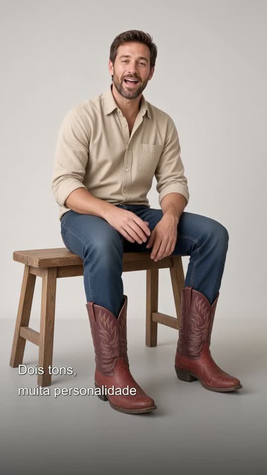 AI presenter sitting on a stool in two-tone cowboy boots